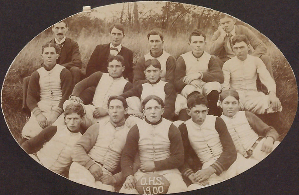 Foot Ball Team from Oaklandon Ind. ["O.H.S. 1900" on football]