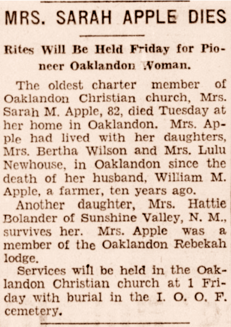 Sarah Apple Obituary